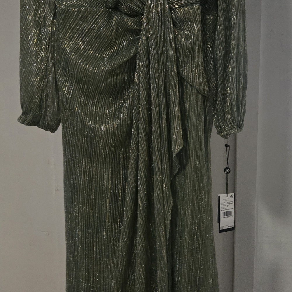 ✨ NWT Adrianna Papell Metallic Mesh Draped Gown - Greenslate - Size 10 ✨